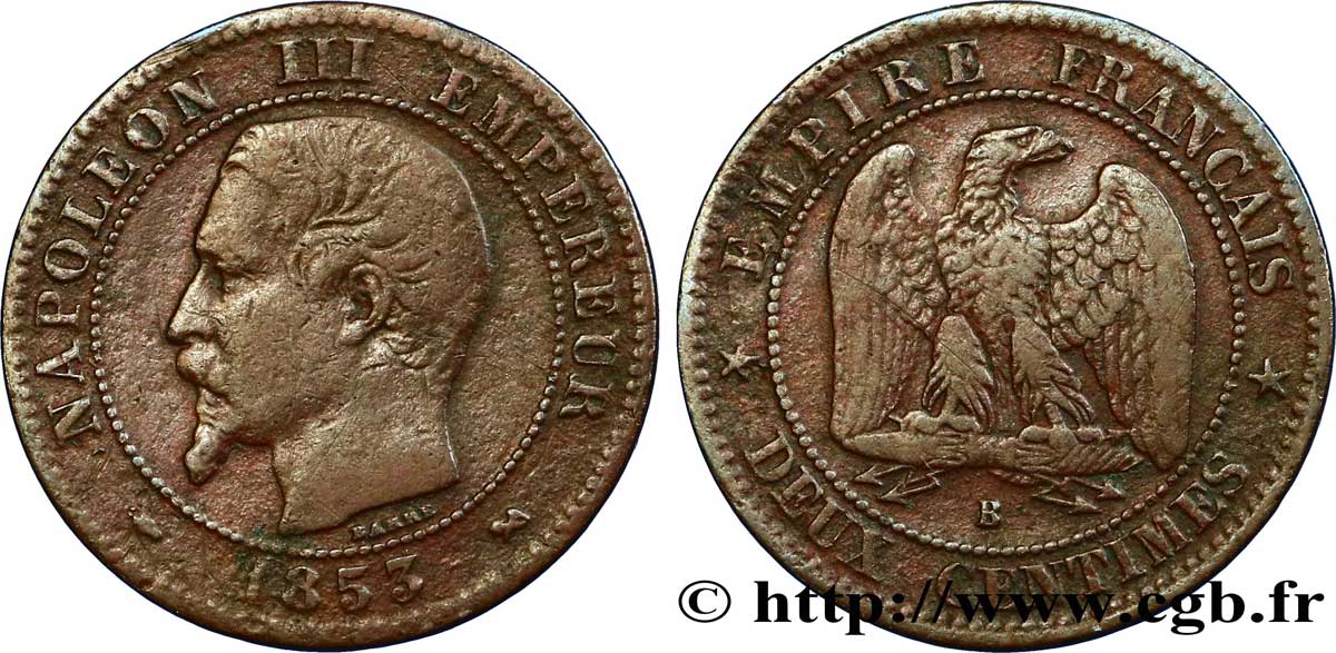 Deux centimes Napoléon III, tête nue 1853 Rouen F.107/2 S25 