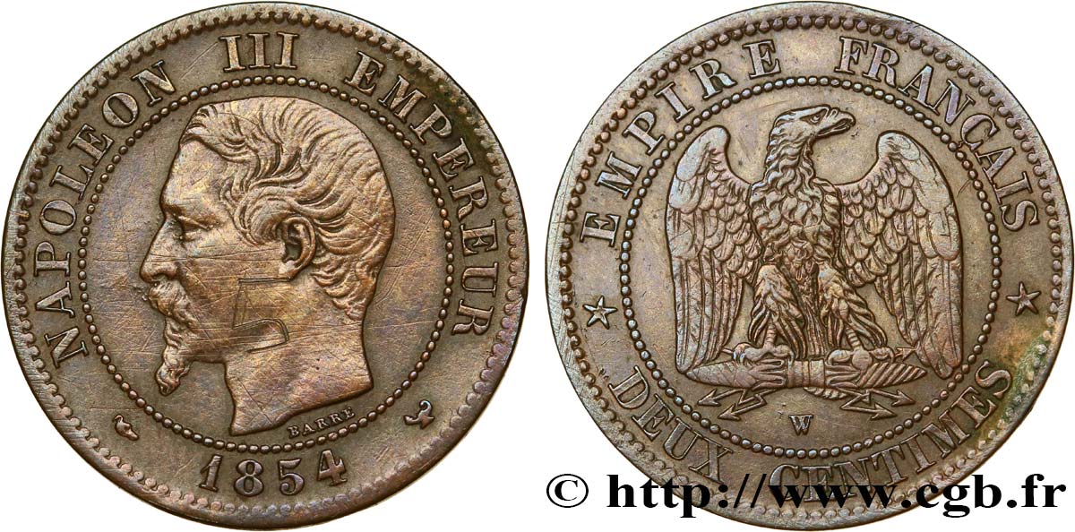 Deux centimes Napoléon III, tête nue 1854 Lille F.107/18 MBC 