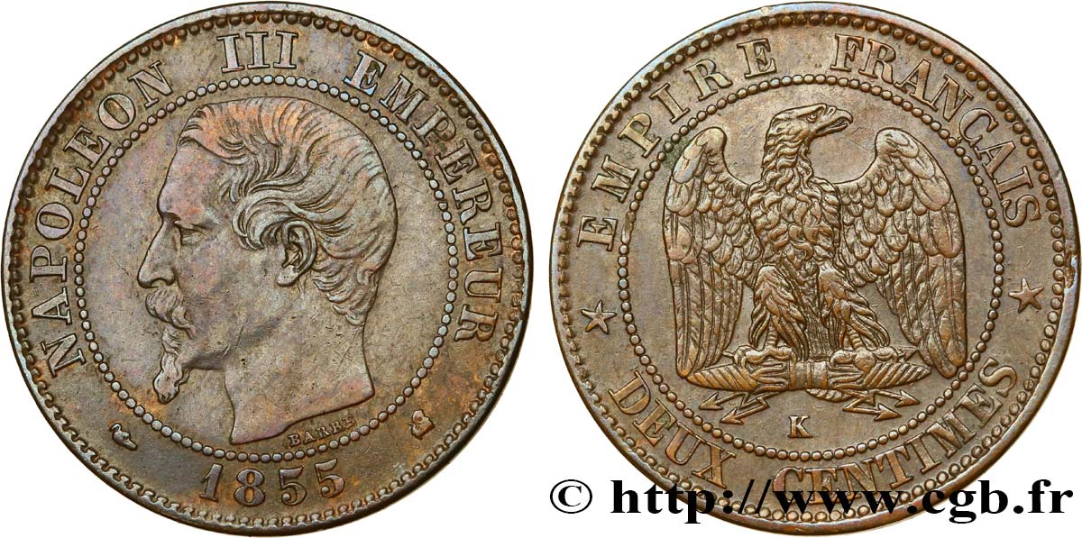 Deux centimes Napoléon III, tête nue 1855 Bordeaux F.107/33 BB48 