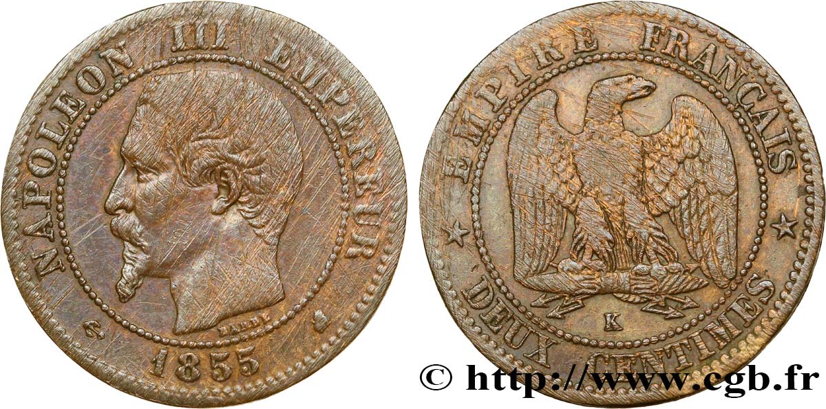 Deux centimes Napoléon III, tête nue 1855 Bordeaux F.107/34 BC 