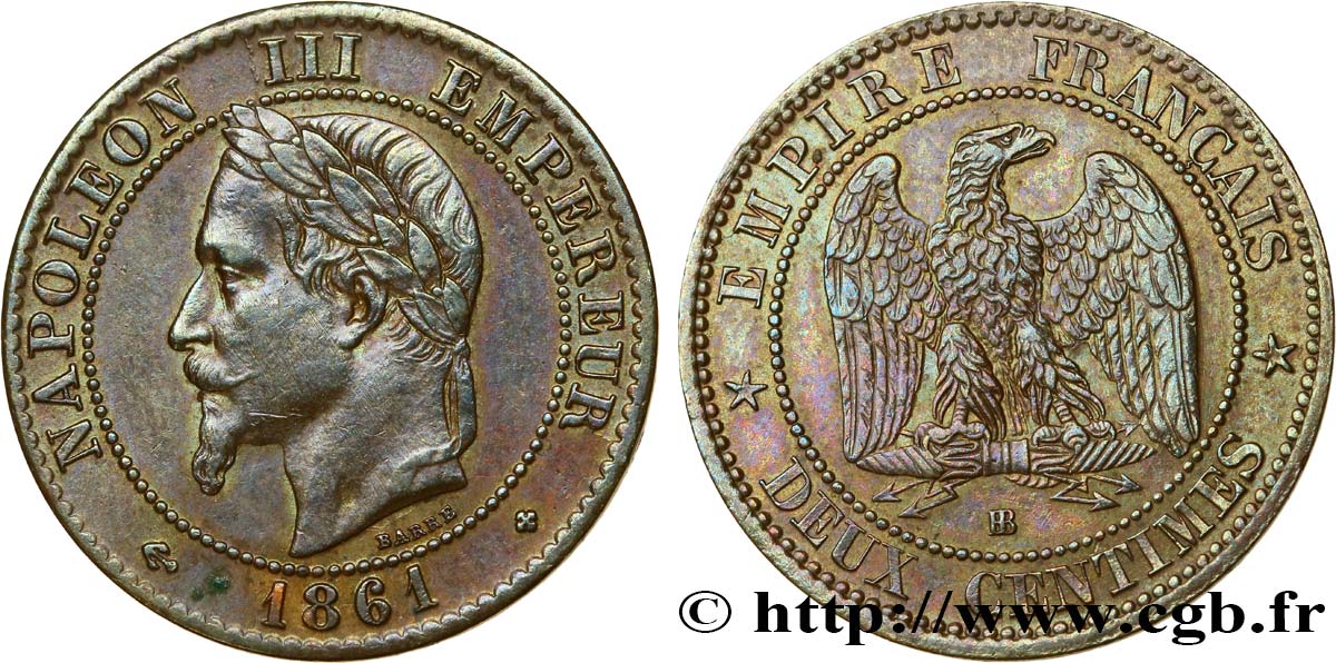 Deux centimes Napoléon III, tête laurée, buste provisoire 1861 Strasbourg F.108/2 MBC50 