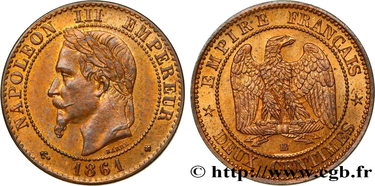 Deux centimes Napoléon III, tête laurée 1861 Strasbourg F.108/2 SUP55 