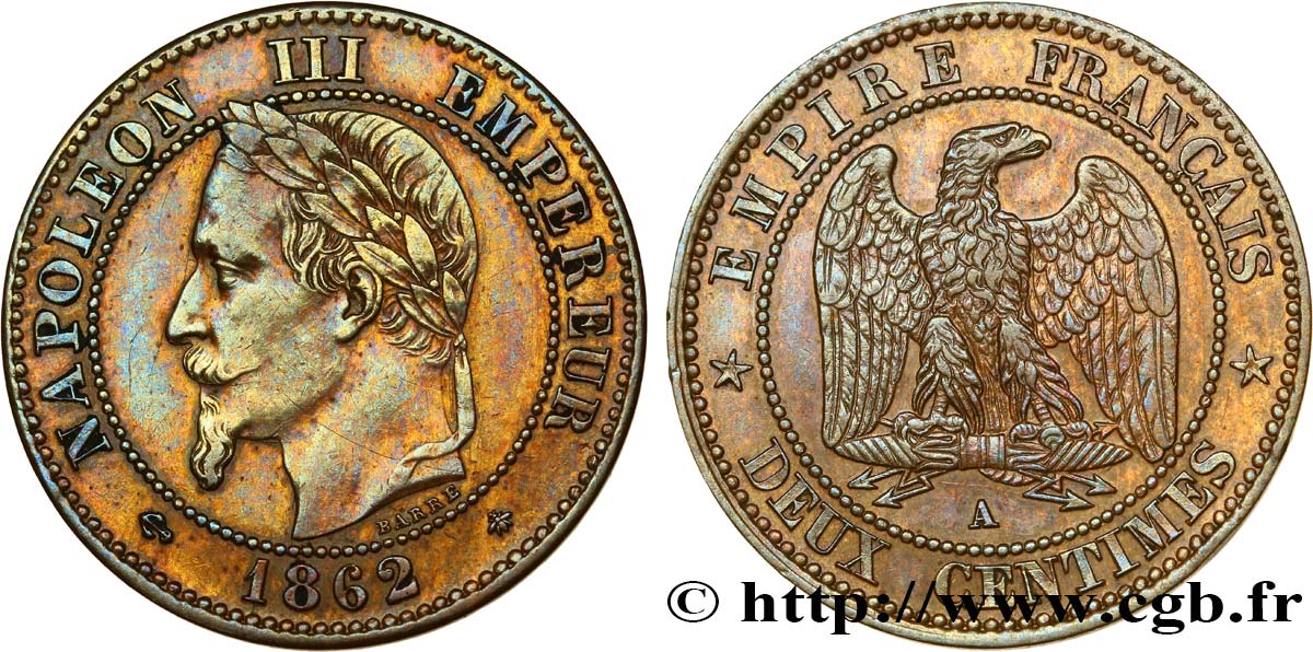 Deux centimes Napoléon III, tête laurée, buste définitif 1862 Paris F.108A/4 BB52 