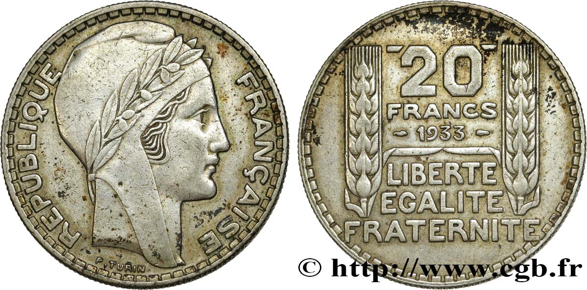 20 francs Turin, rameaux courts 1933  F.400/4 VF30 