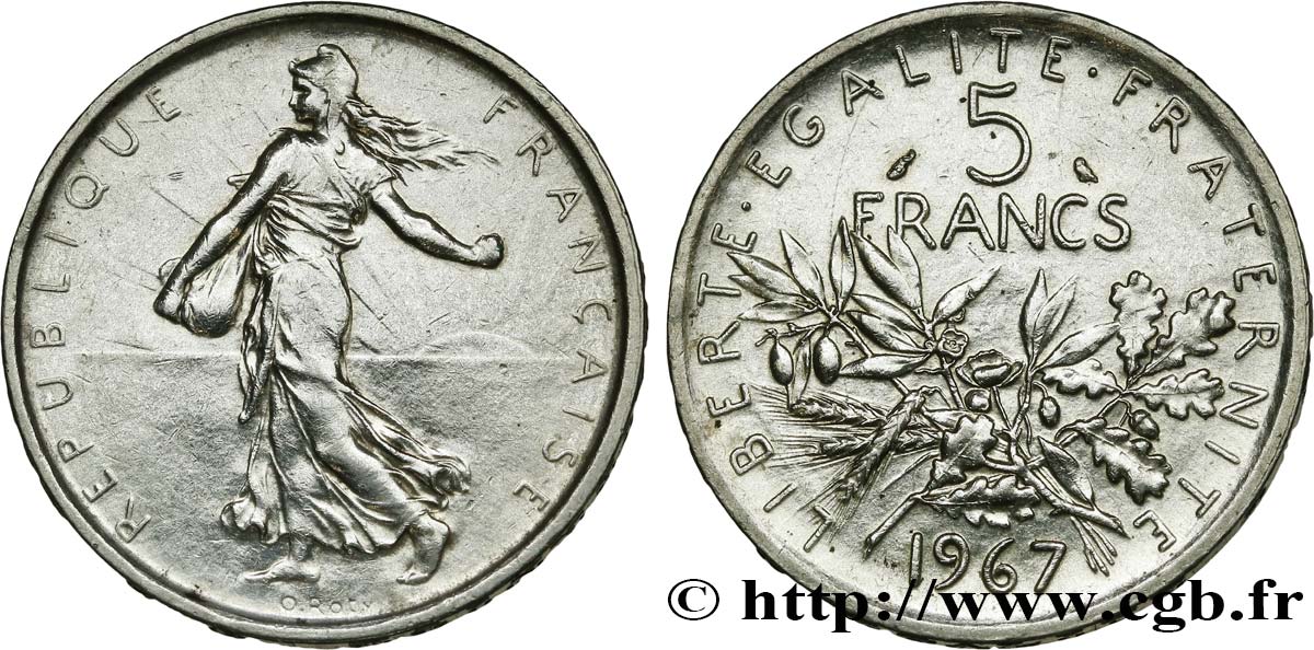 5 francs Semeuse, argent 1967 Paris F.340/11 AU58 