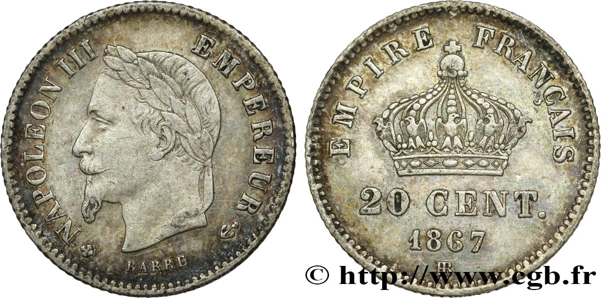 20 centimes Napoléon III, tête laurée, grand module 1867 Strasbourg F.150/2 MBC48 