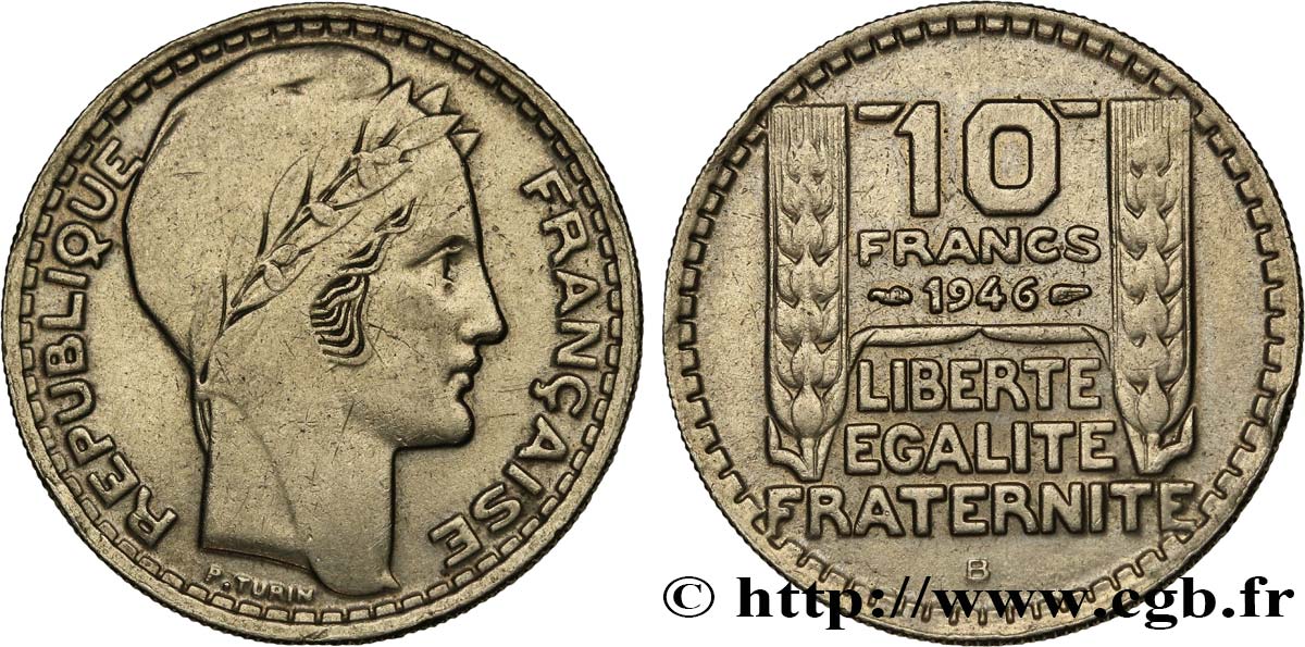 10 francs Turin, grosse tête, rameaux longs, désaxé à 2h 1946 Beaumont-Le-Roger F.361/4 var. BB45 