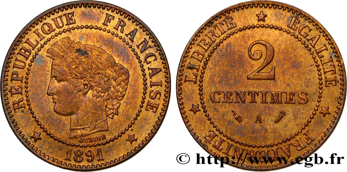 2 centimes Cérès 1891 Paris F.109/17 AU55 