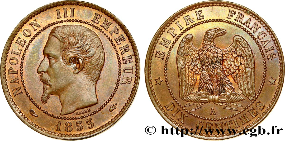 Dix centimes Napoléon III, tête nue 1853 Paris F.133/2 SUP55 