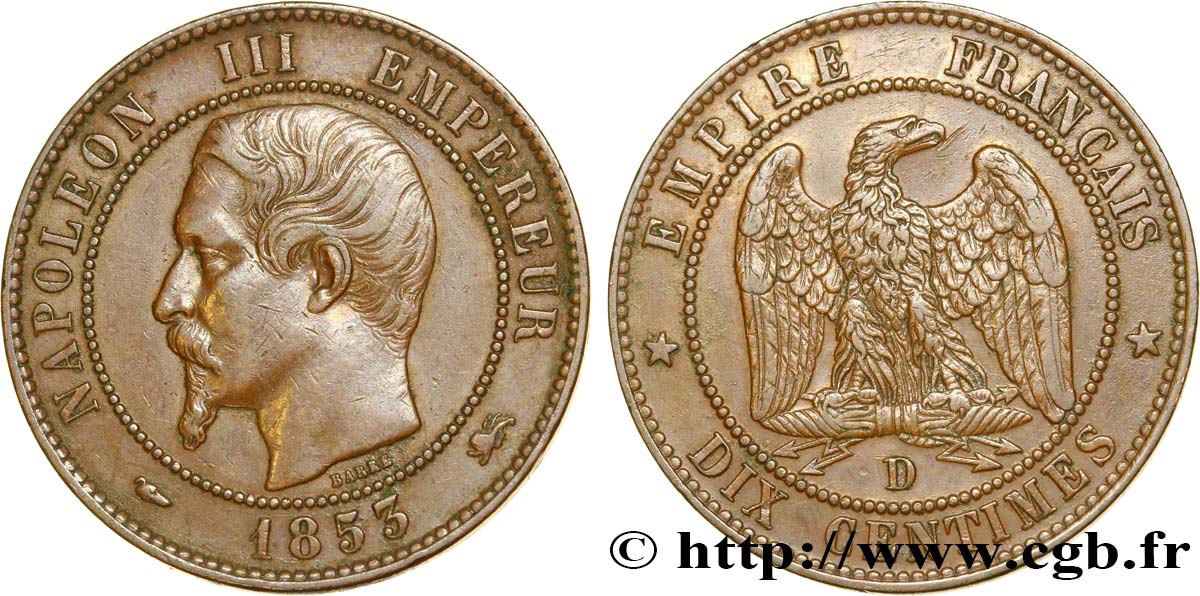 Dix centimes Napoléon III, tête nue 1853 Lyon F.133/5 TTB50 