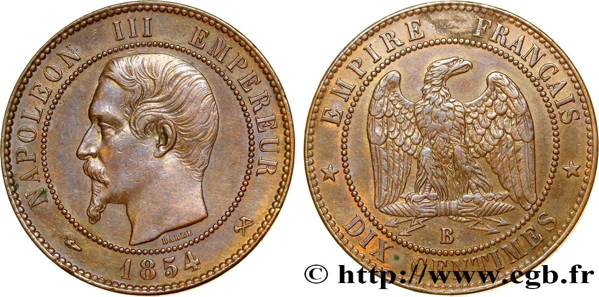 Dix centimes Napoléon III, tête nue 1854 Rouen F.133/12 AU52 