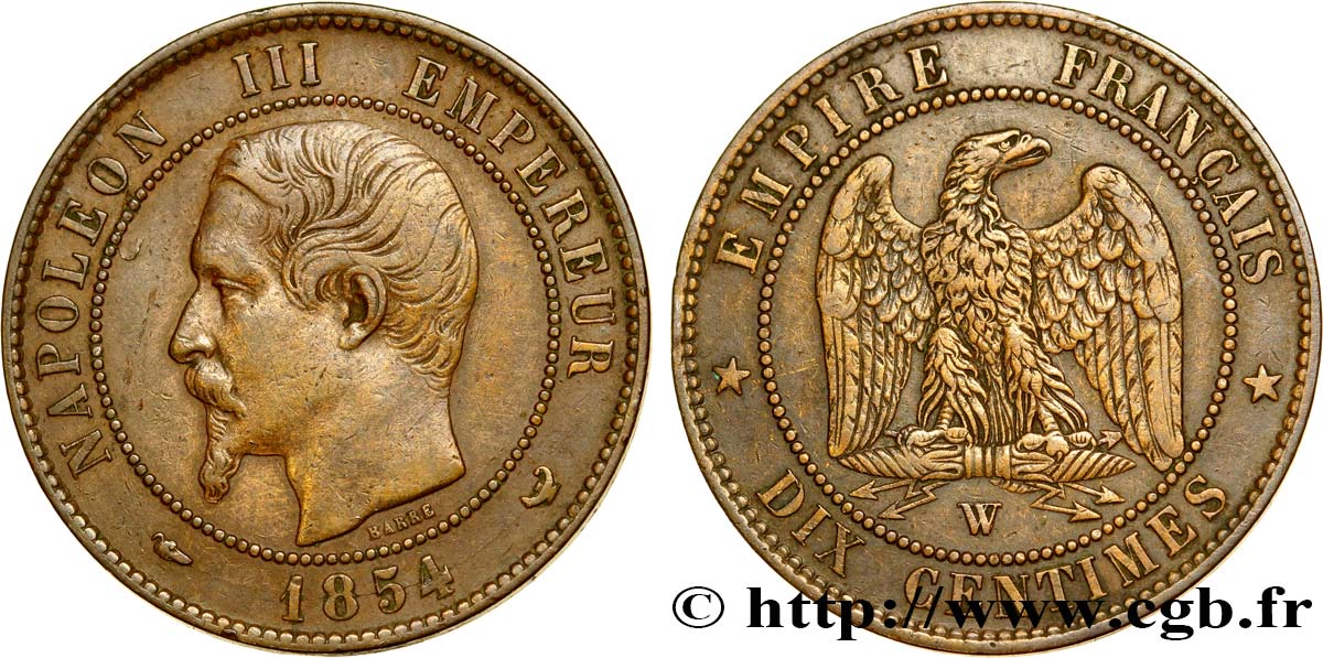 Dix centimes Napoléon III, tête nue 1854 Lille F.133/18 TTB48 