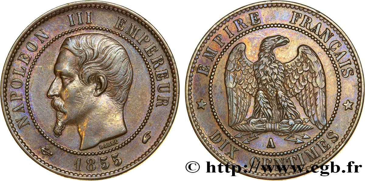 Dix centimes Napoléon III, tête nue 1855 Paris F.133/20 AU50 
