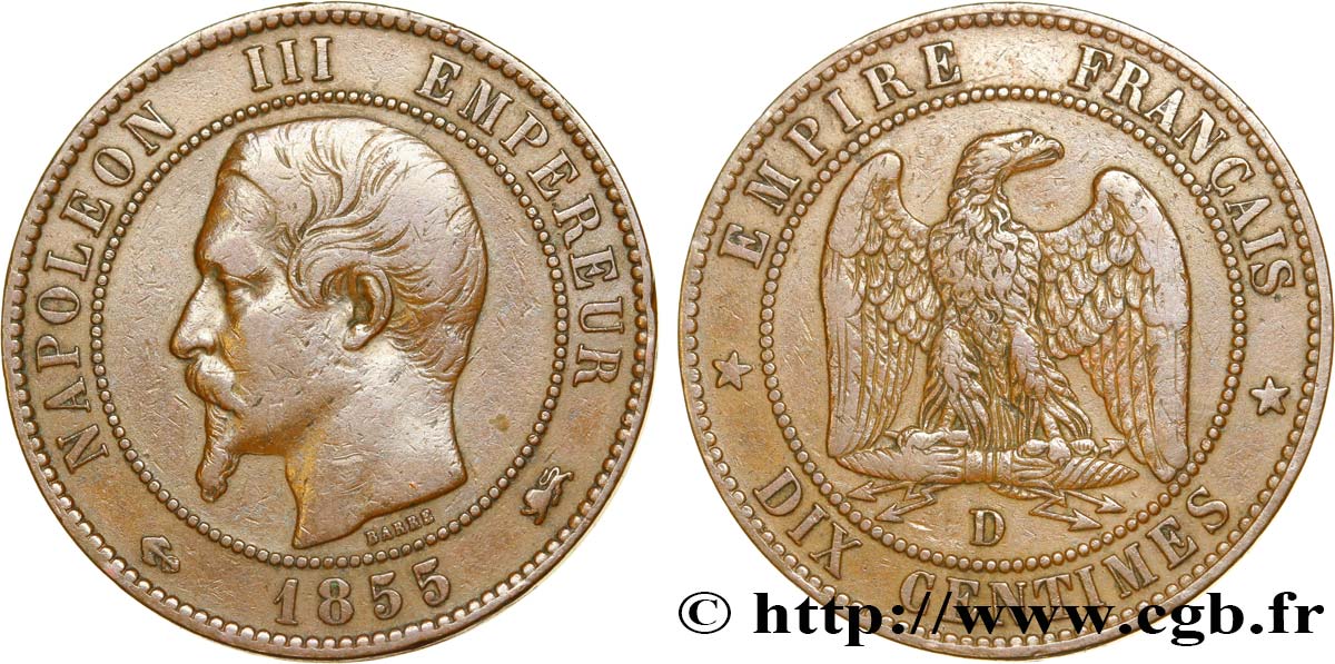 Dix centimes Napoléon III, tête nue, différent ancre 1855 Lyon F.133/26 BB42 