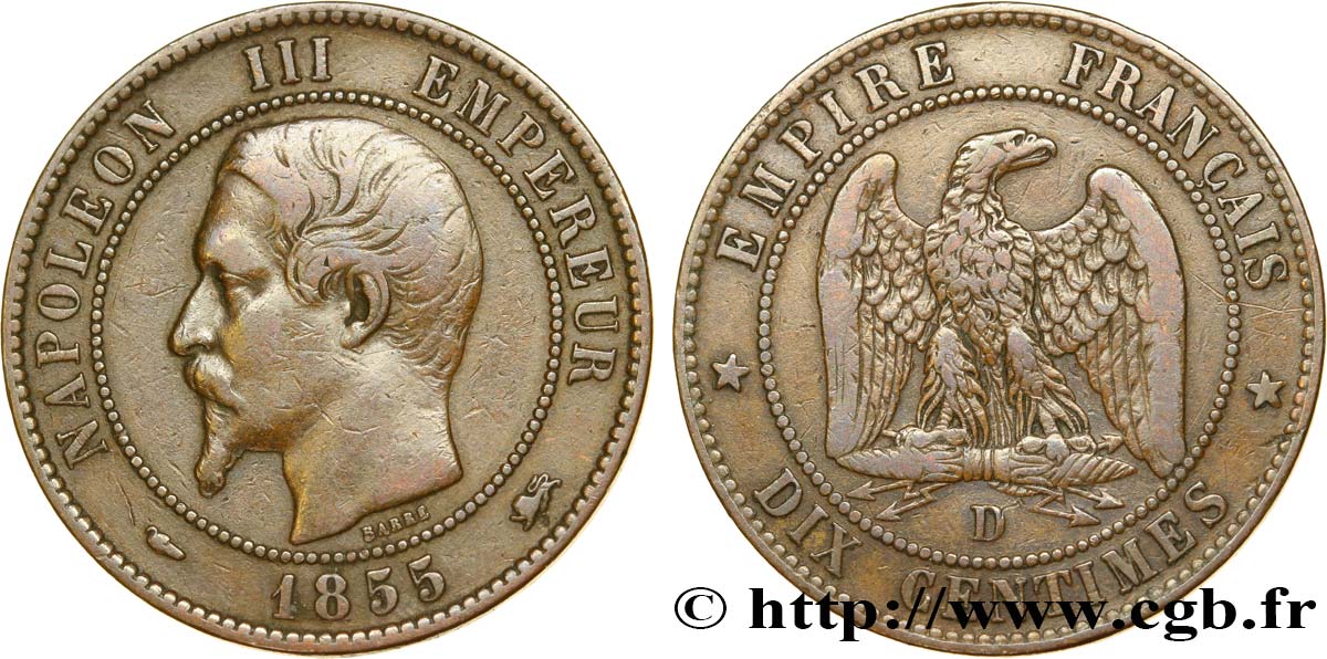 Dix centimes Napoléon III, tête nue 1855 Lyon F.133/25 MBC40 
