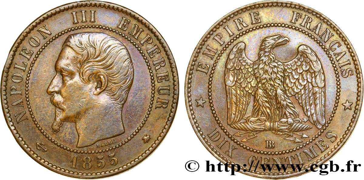 Dix centimes Napoléon III, tête nue, différent ancre 1855 Strasbourg F.133/24 AU50 