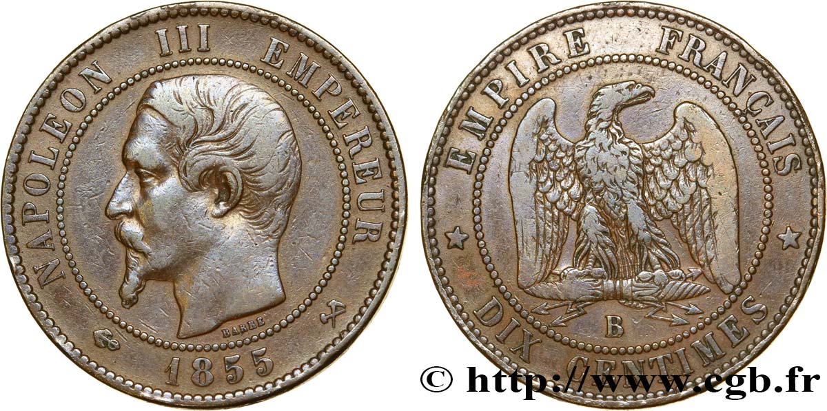 Dix centimes Napoléon III, tête nue 1855 Rouen F.133/22 BB40 