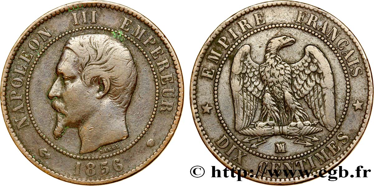 Dix centimes Napoléon III, tête nue 1856 Marseille F.133/39 TB35 