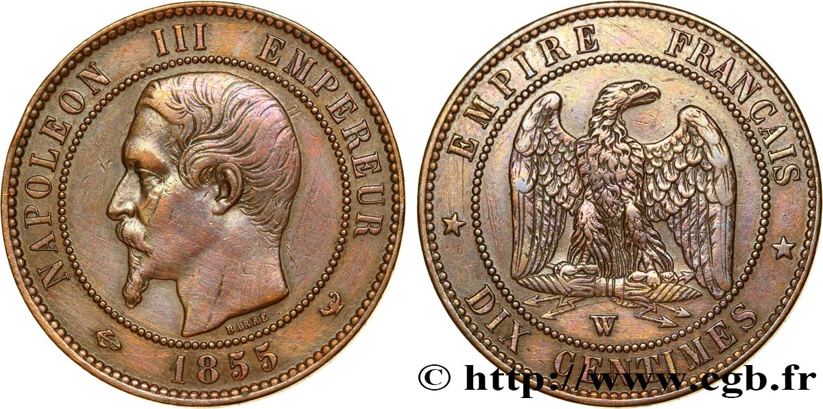 Dix centimes Napoléon III, tête nue 1855 Lille F.133/33 MBC45 