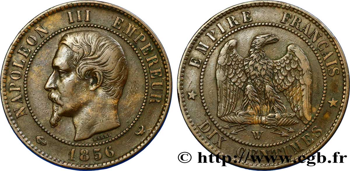 Dix centimes Napoléon III, tête nue 1856 Lille F.133/40 XF45 