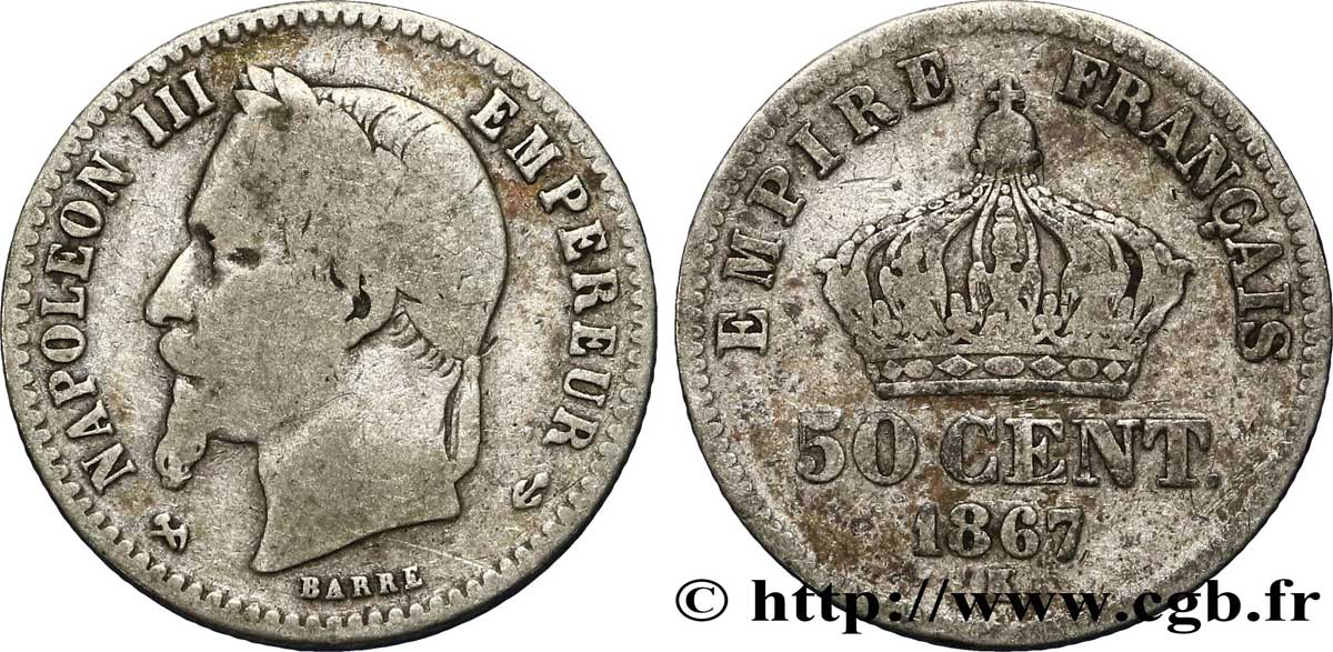 50 centimes Napoléon III, tête laurée 1867 Bordeaux F.188/18 F12 