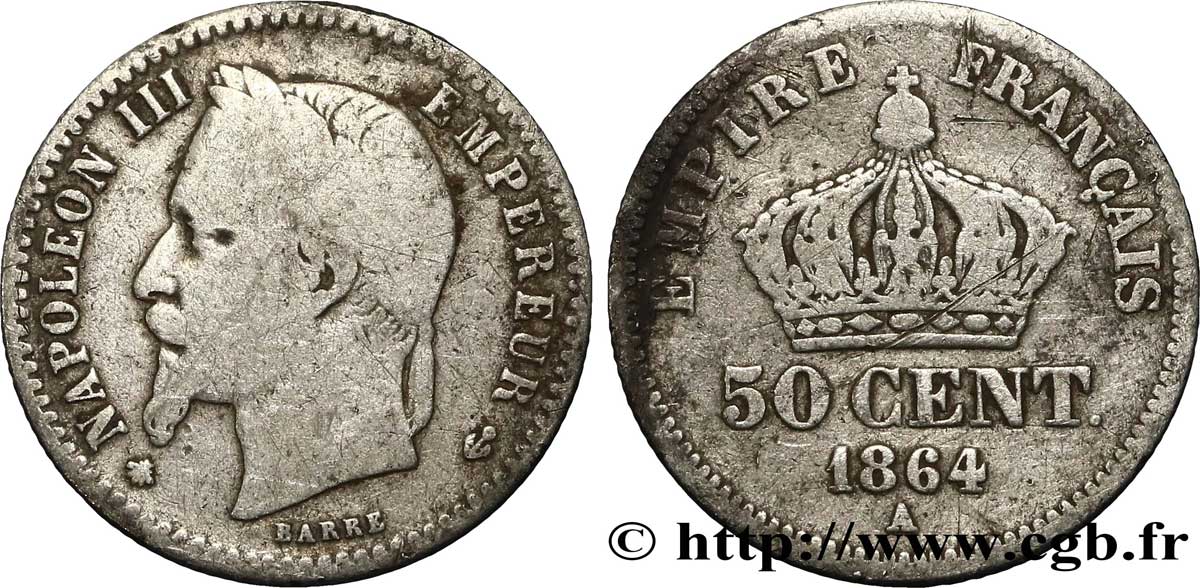 50 centimes Napoléon III, tête laurée 1864 Paris F.188/2 B12 