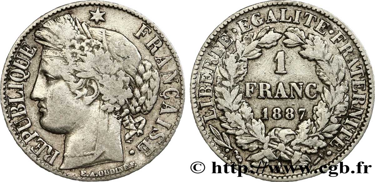 1 franc Cérès, Troisième République 1887 Paris F.216/9 VF30 