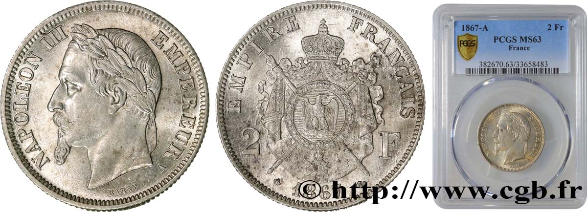 2 francs Napoléon III, tête laurée 1867 Paris F.263/5 SPL63 PCGS