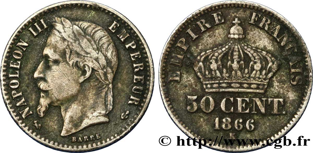 50 centimes Napoléon III, tête laurée 1866 Bordeaux F.188/11 XF42 
