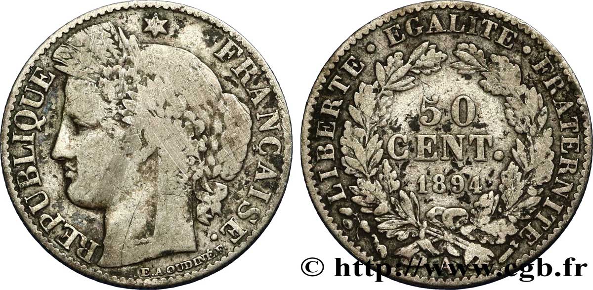 50 centimes Cérès, Troisième République 1894 Paris F.189/15 VF20 
