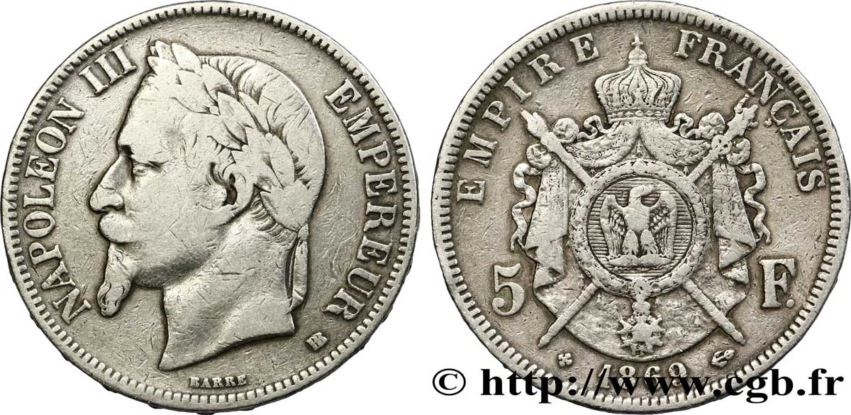 5 francs Napoléon III, tête laurée 1869 Strasbourg F.331/15 TB25 
