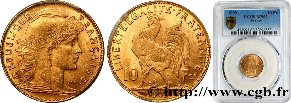 10 francs or Coq 1909 Paris F.509/10 SPL62 PCGS