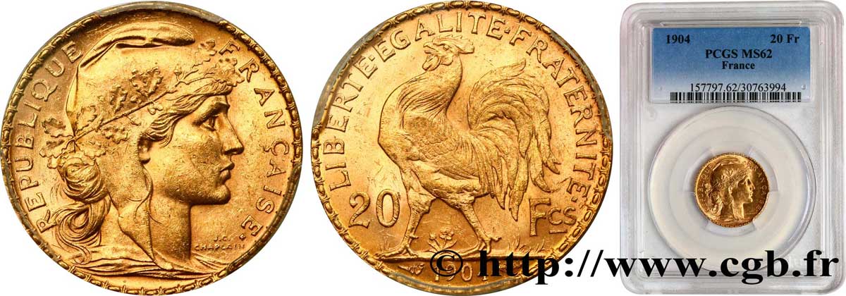 20 francs or Coq, Dieu protège la France 1904 Paris F.534/9 MS62 PCGS