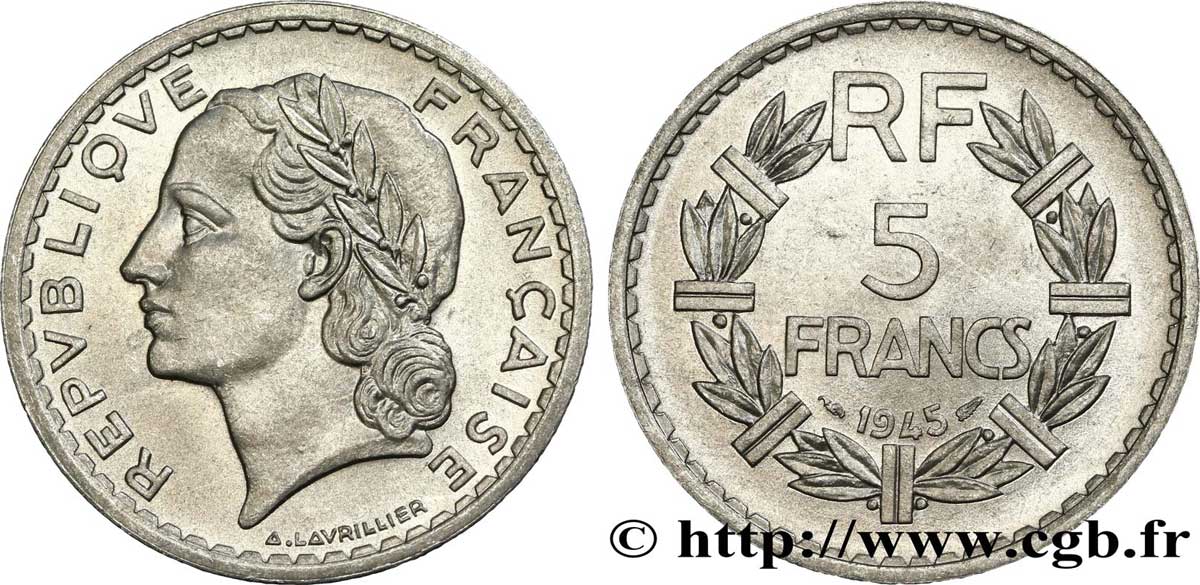 5 francs Lavrillier, aluminium 1945  F.339/3 SUP60 