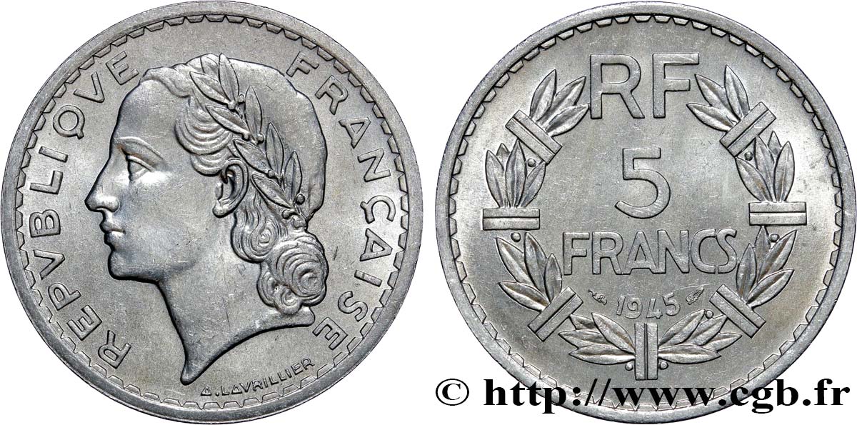 5 francs Lavrillier, aluminium 1945  F.339/3 SPL60 