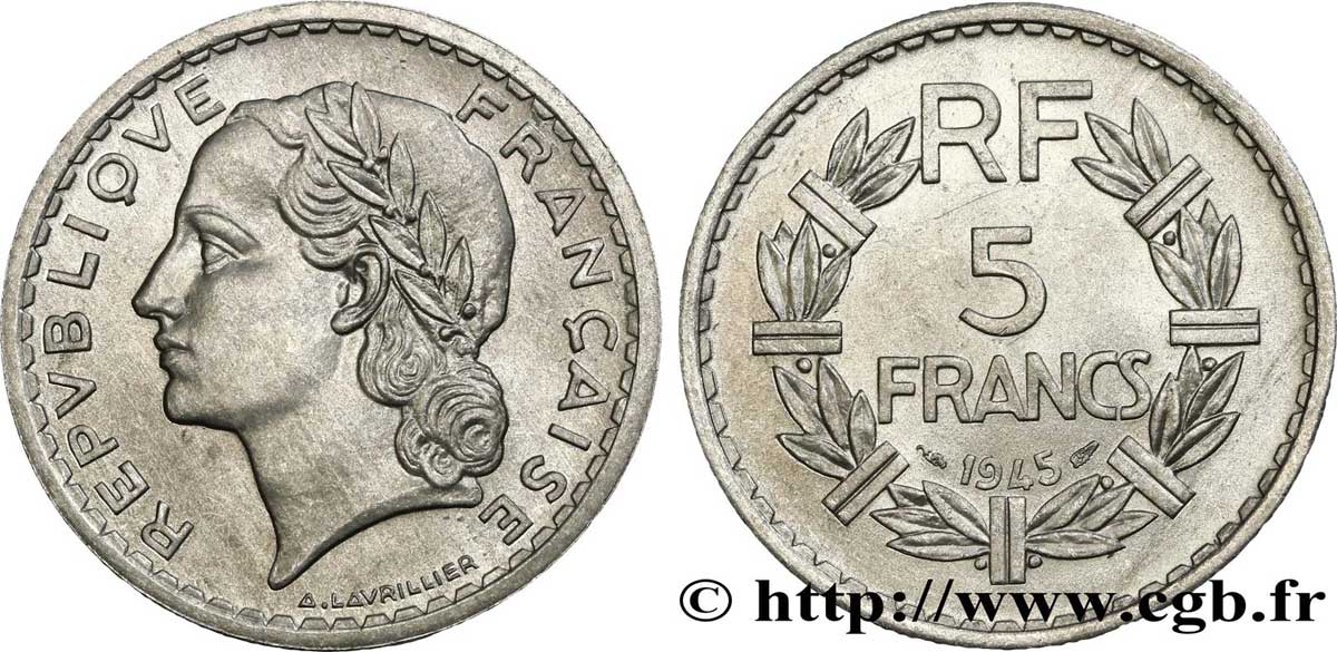 5 francs Lavrillier, aluminium 1945  F.339/3 SUP60 