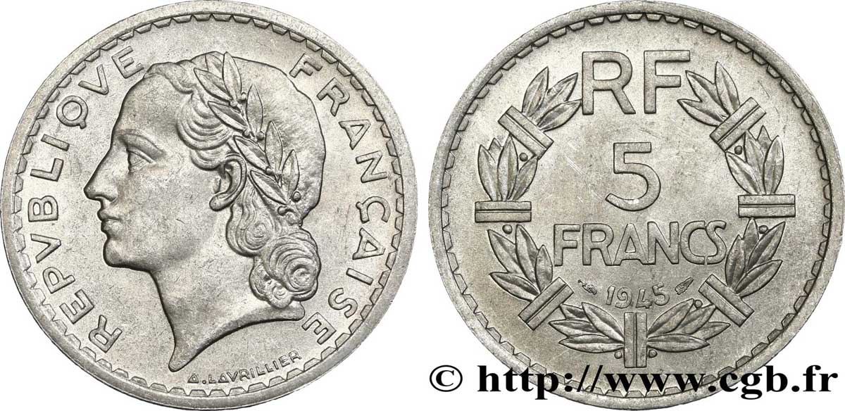 5 francs Lavrillier, aluminium, 9 ouvert 1945  F.339/3 SUP55 