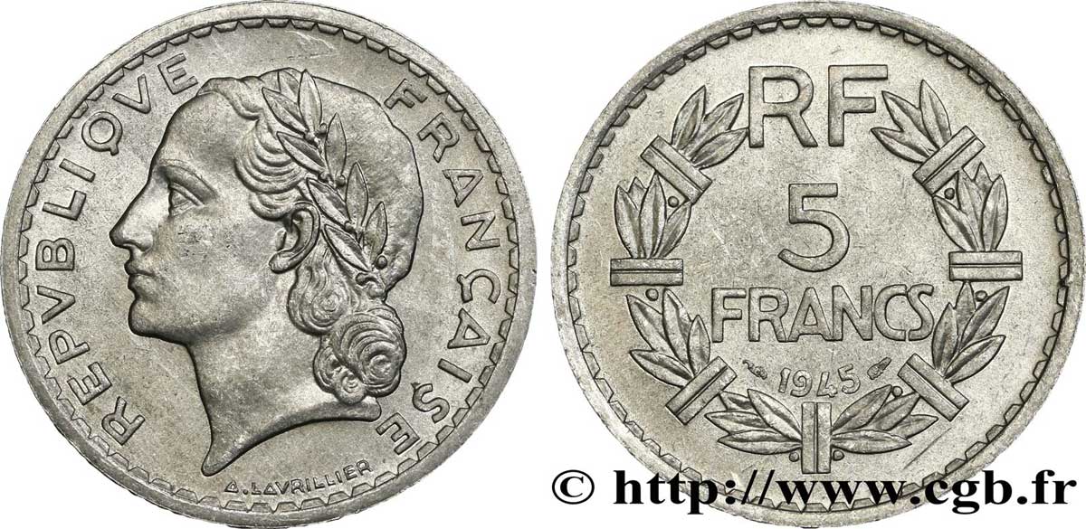 5 francs Lavrillier, aluminium, 9 ouvert 1945  F.339/3 SUP55 