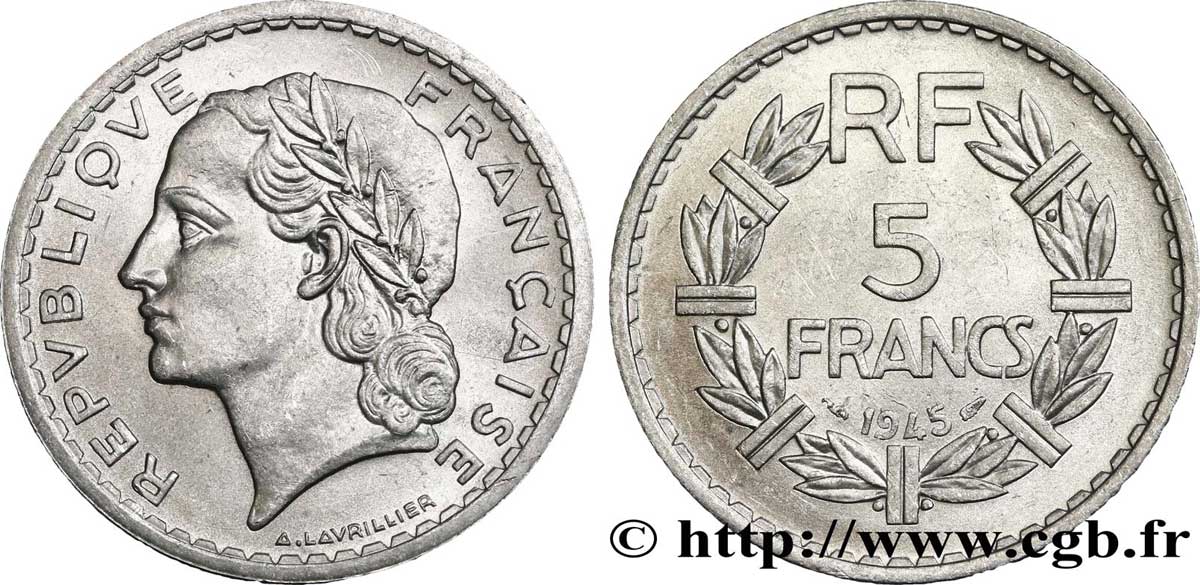 5 francs Lavrillier, aluminium, 9 ouvert 1945  F.339/3 SPL55 