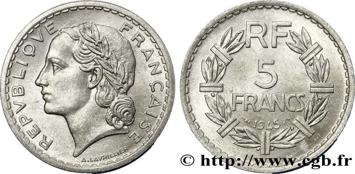 5 francs Lavrillier, aluminium, 9 ouvert 1945  F.339/3 SUP55 