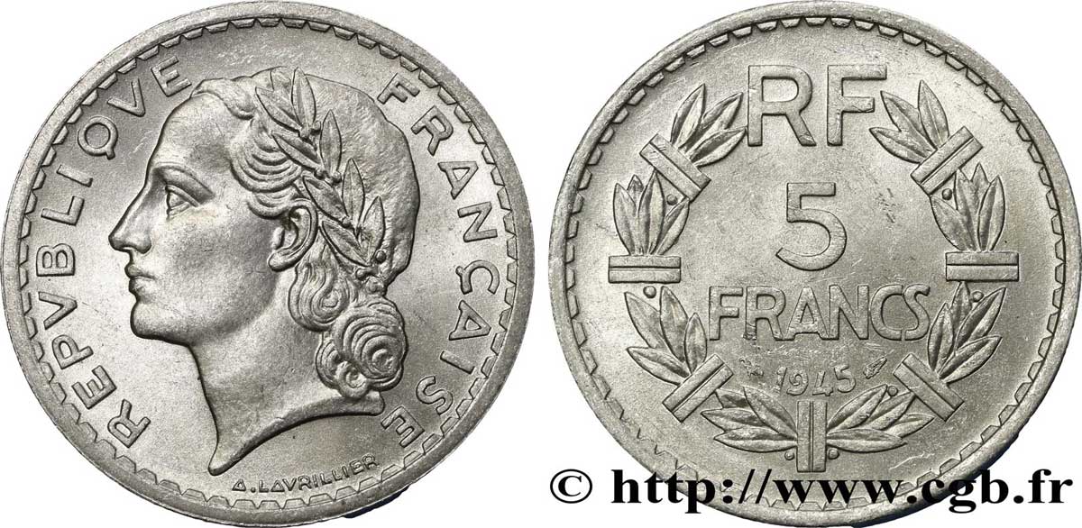 5 francs Lavrillier, aluminium, 9 ouvert 1945  F.339/3 VZ55 