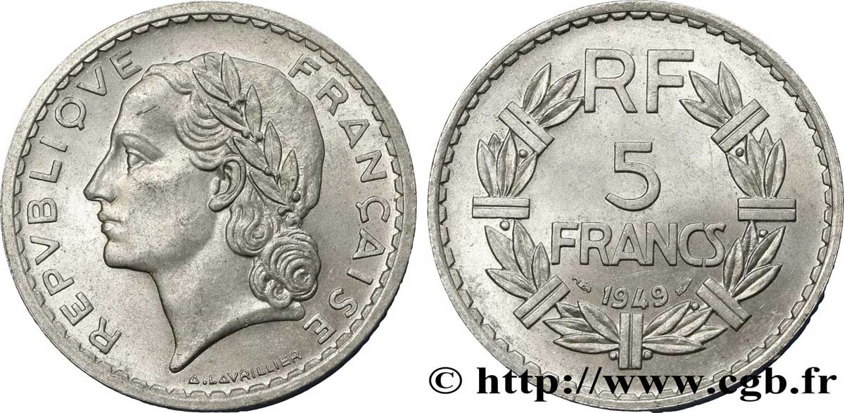 5 francs Lavrillier, aluminium 1949  F.339/17 MS60 