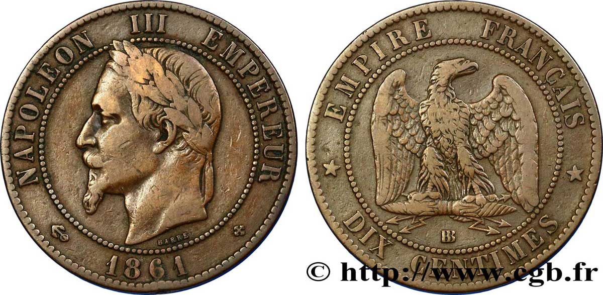 Dix centimes Napoléon III, tête laurée 1861 Strasbourg F.134/5 VF35 