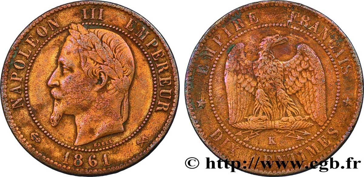 Dix centimes Napoléon III, tête laurée 1861 Bordeaux F.134/6 MB 