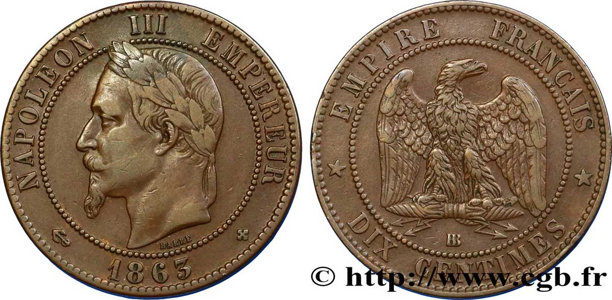 Dix centimes Napoléon III, tête laurée 1863 Strasbourg F.134/11 XF45 