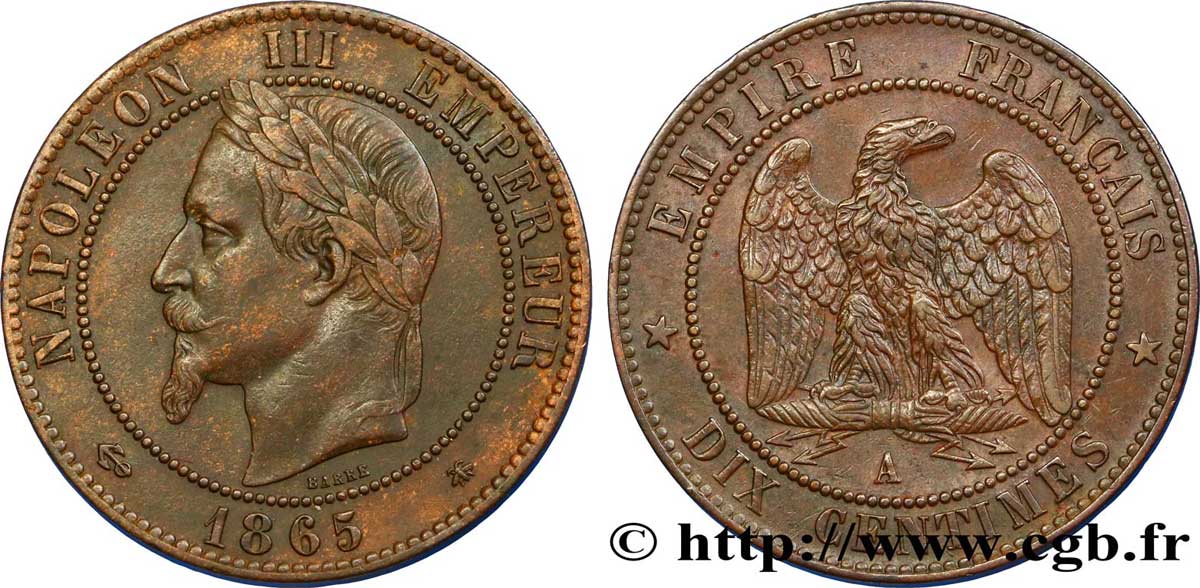 Dix centimes Napoléon III, tête laurée 1865 Paris F.134/16 TTB50 