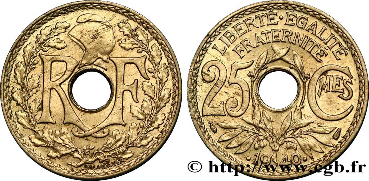 25 centimes Lindauer, maillechort 1940  F.172/4 AU58 