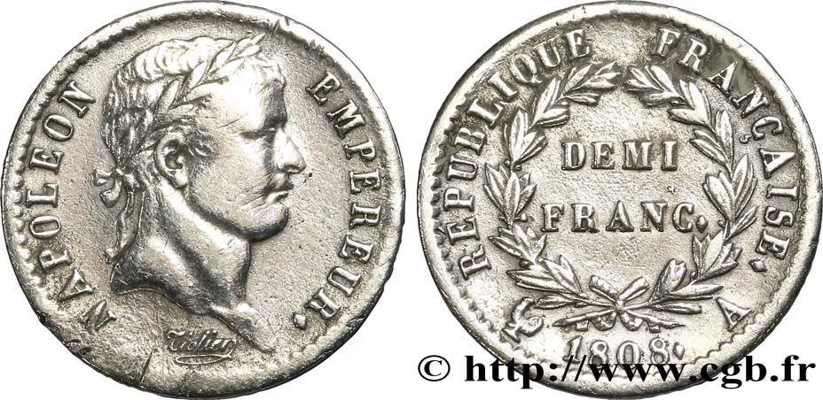 Demi-franc Napoléon Ier tête laurée, République française 1808 Paris F./ TTB45 