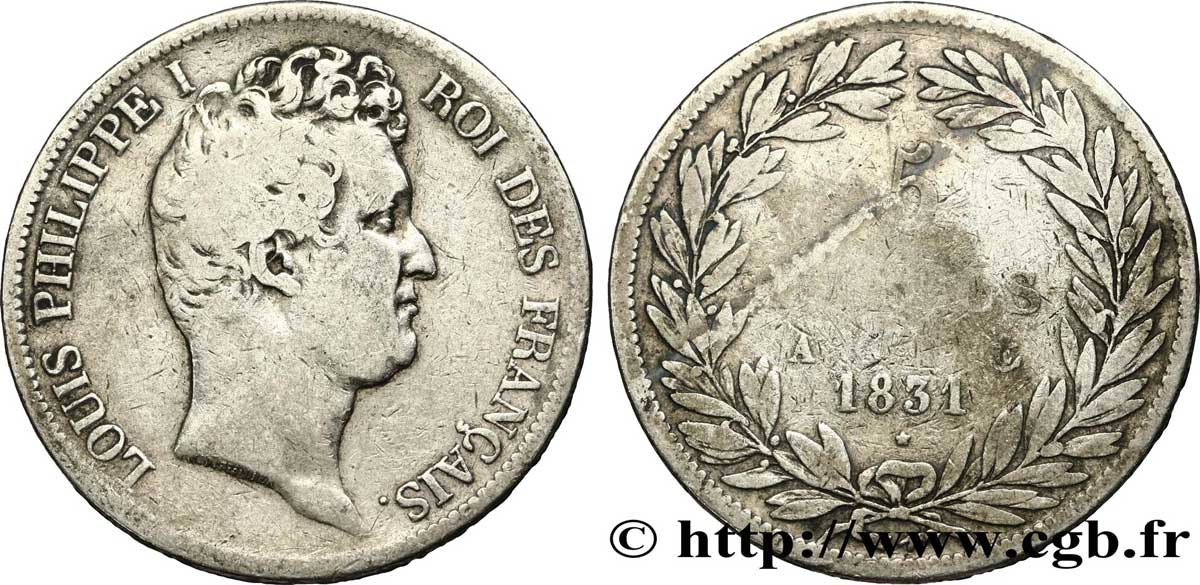 5 francs type Tiolier avec le I, tranche en relief 1831 Paris F.316/2 MB15 