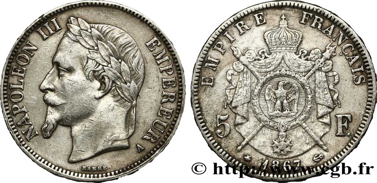 5 francs Napoléon III, tête laurée 1867 Paris F.331/10 BB40 